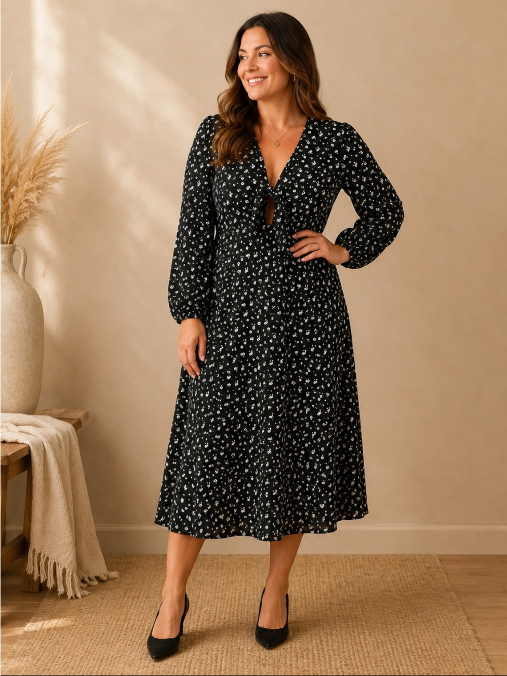 Kittenish Blackish Greenish Floral Tie-Front Midi Dress